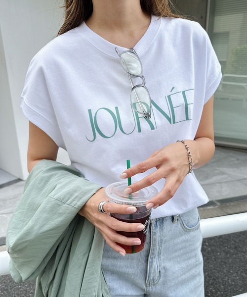 andme（アンドミー）の「ロゴプリントフレンチスリーブTシャツ（Tシャツ/カットソー・レディース・ブラック/ホワイト×ブラック/チャコールグレー/ベージュ/ネイビー/ホワイト×レッド/ブルーグリーン/カーキ/スミクロ/ホワイト×シルバー・M）」の12枚目の写真