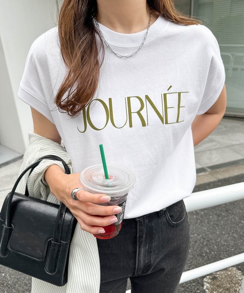 andme（アンドミー）の「ロゴプリントフレンチスリーブTシャツ（Tシャツ/カットソー・レディース・ブラック/ホワイト×ブラック/チャコールグレー/ベージュ/ネイビー/ホワイト×レッド/ブルーグリーン/カーキ/スミクロ/ホワイト×シルバー・M）」の18枚目の写真