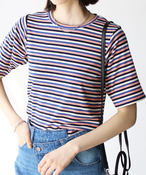 GeeRA(ジーラ)の「マルチボーダー5分袖リブカットソー(Tシャツ/カットソー・レディース・ピンク/ブルー/レッド/ブラウン・SMALL/MEDIUM/LARGE/X-LARGE)」の16枚目の写真