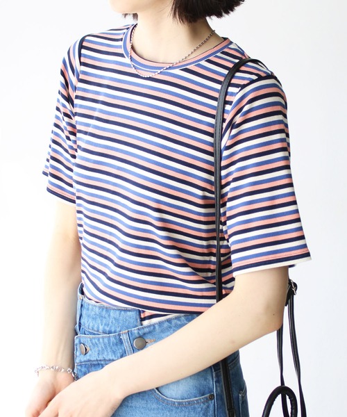 GeeRA(ジーラ)の「マルチボーダー5分袖リブカットソー(Tシャツ/カットソー・レディース・ピンク/ブルー/レッド/ブラウン・SMALL/MEDIUM/LARGE/X-LARGE)」の17枚目の写真