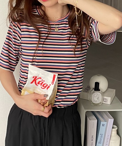 GeeRA(ジーラ)の「マルチボーダー5分袖リブカットソー(Tシャツ/カットソー・レディース・ピンク/ブルー/レッド/ブラウン・SMALL/MEDIUM/LARGE/X-LARGE)」の13枚目の写真