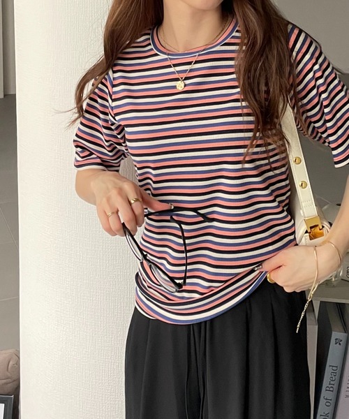 GeeRA(ジーラ)の「マルチボーダー5分袖リブカットソー(Tシャツ/カットソー・レディース・ピンク/ブルー/レッド/ブラウン・SMALL/MEDIUM/LARGE/X-LARGE)」の14枚目の写真
