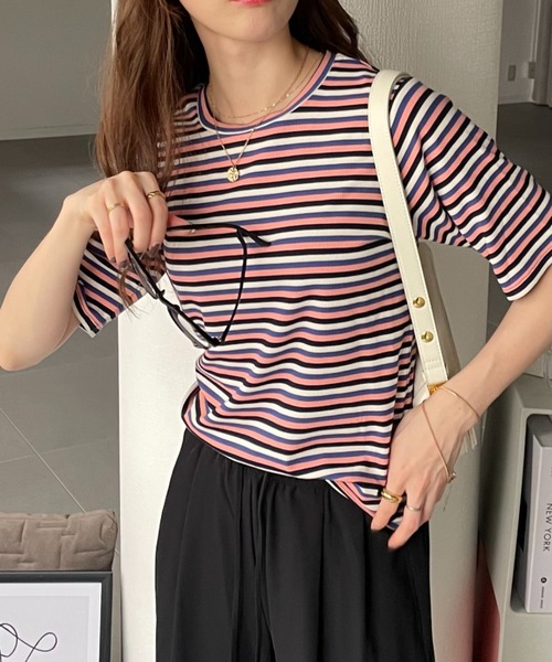 GeeRA(ジーラ)の「マルチボーダー5分袖リブカットソー(Tシャツ/カットソー・レディース・ピンク/ブルー/レッド/ブラウン・SMALL/MEDIUM/LARGE/X-LARGE)」の12枚目の写真