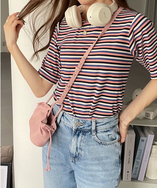 GeeRA(ジーラ)の「マルチボーダー5分袖リブカットソー(Tシャツ/カットソー・レディース・ピンク/ブルー/レッド/ブラウン・SMALL/MEDIUM/LARGE/X-LARGE)」の15枚目の写真