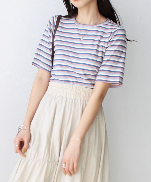 GeeRA(ジーラ)の「マルチボーダー5分袖リブカットソー(Tシャツ/カットソー・レディース・ピンク/ブルー/レッド/ブラウン・SMALL/MEDIUM/LARGE/X-LARGE)」の9枚目の写真