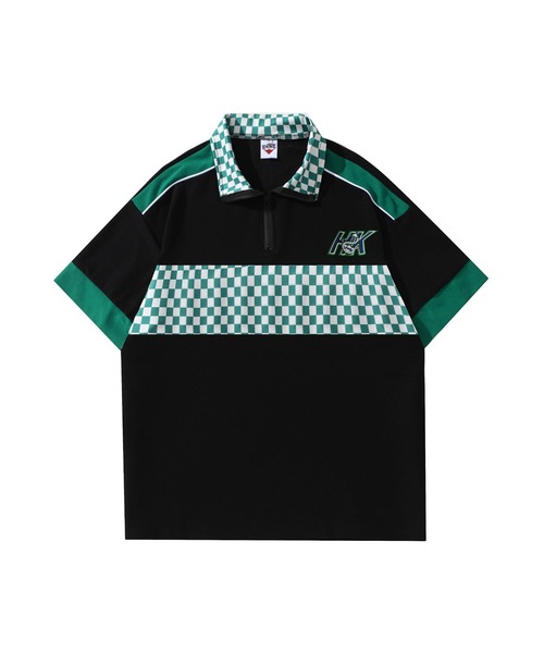 HOOK(フック)の「HOOK -original- レーシング風ブロックチェック切り替え半袖ハーフジップ (SS)(Tシャツ/カットソー・メンズ・ホワイト/ブラック・M/L/XL)」の2枚目の写真