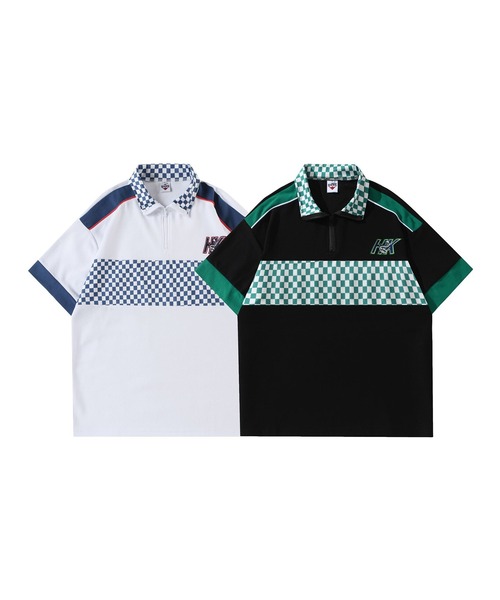 HOOK(フック)の「HOOK -original- レーシング風ブロックチェック切り替え半袖ハーフジップ (SS)(Tシャツ/カットソー・メンズ・ホワイト/ブラック・M/L/XL)」の7枚目の写真
