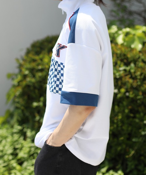 HOOK(フック)の「HOOK -original- レーシング風ブロックチェック切り替え半袖ハーフジップ (SS)(Tシャツ/カットソー・メンズ・ホワイト/ブラック・M/L/XL)」の12枚目の写真