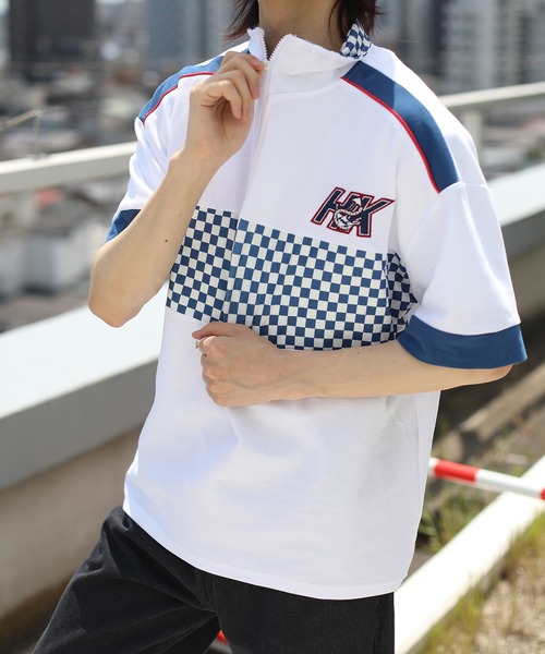 HOOK(フック)の「HOOK -original- レーシング風ブロックチェック切り替え半袖ハーフジップ (SS)(Tシャツ/カットソー・メンズ・ホワイト/ブラック・M/L/XL)」の18枚目の写真