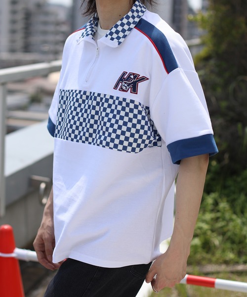 HOOK(フック)の「HOOK -original- レーシング風ブロックチェック切り替え半袖ハーフジップ (SS)(Tシャツ/カットソー・メンズ・ホワイト/ブラック・M/L/XL)」の21枚目の写真