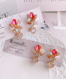 【RosraiE】キラキラ ビジュー ハートチャーム ピアス(MA)