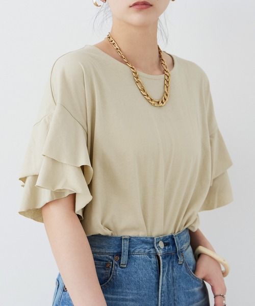 Fashion Letter(ファッションレター)の「大きいサイズ ダブルフリルスリーブ Tシャツ(Tシャツ/カットソー・レディース・ベージュ/カーキ/ブラウン系その他/ピンク系その他/ブラック・M~L/LL~3L/4L~5L)」の9枚目の写真