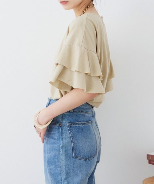 Fashion Letter(ファッションレター)の「大きいサイズ ダブルフリルスリーブ Tシャツ(Tシャツ/カットソー・レディース・ベージュ/カーキ/ブラウン系その他/ピンク系その他/ブラック・M~L/LL~3L/4L~5L)」の10枚目の写真