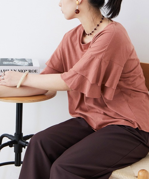 Fashion Letter(ファッションレター)の「大きいサイズ ダブルフリルスリーブ Tシャツ(Tシャツ/カットソー・レディース・ベージュ/カーキ/ブラウン系その他/ピンク系その他/ブラック・M~L/LL~3L/4L~5L)」の12枚目の写真