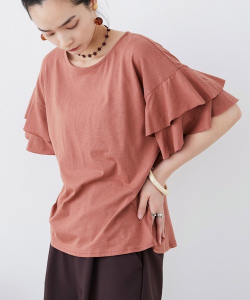 Fashion Letter(ファッションレター)の「大きいサイズ ダブルフリルスリーブ Tシャツ(Tシャツ/カットソー・レディース・ベージュ/カーキ/ブラウン系その他/ピンク系その他/ブラック・M~L/LL~3L/4L~5L)」の14枚目の写真