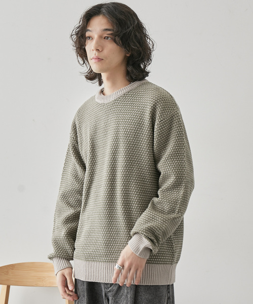 JUNRED(ジュンレッド)の「バーズアイ配色ニットプルオーバー(ニット/セーター・メンズ・オフホワイト/ベージュ系その他/グリーン・L/LL/M)」の1枚目の写真