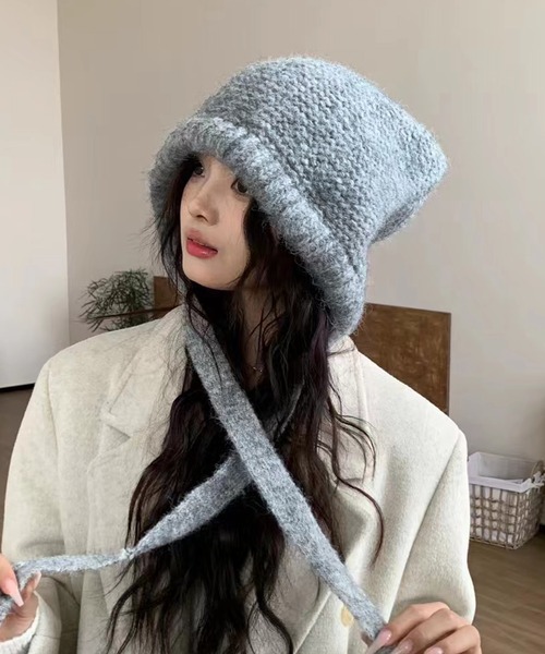 セール】紐付きニットフード/ニット帽（ニットキャップ/ビーニー