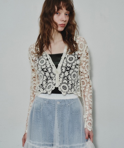 J1U by LA BELLE ETUDE（ジユウバイラベルエチュード）の「オリジナルクロシェニットカーディガン（カーディガン/ボレロ・レディース・ライトブルー/ブラック/ホワイト/ライトパープル・FREE）」の22枚目の写真