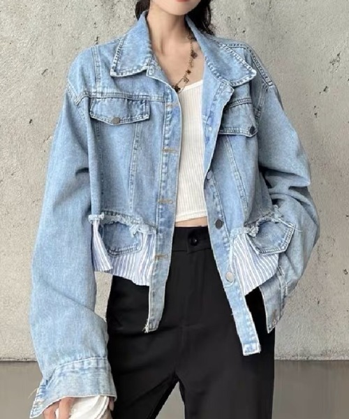 NANEA(ナネア)の「ショート丈ドッキングデニムジャケット(デニムジャケット・レディース・サックスブルー/ホワイト・SMALL/LARGE/MEDIUM)」の2枚目の写真