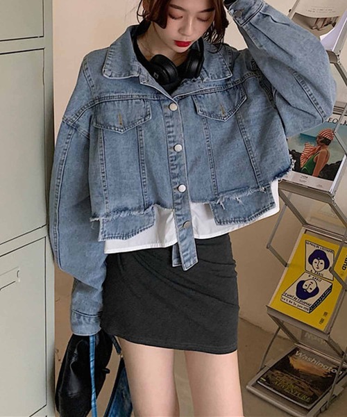 NANEA(ナネア)の「ショート丈ドッキングデニムジャケット(デニムジャケット・レディース・サックスブルー/ホワイト・SMALL/LARGE/MEDIUM)」の4枚目の写真