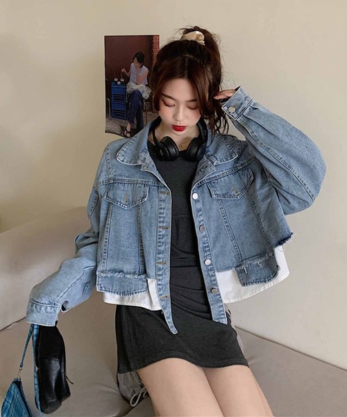 NANEA(ナネア)の「ショート丈ドッキングデニムジャケット(デニムジャケット・レディース・サックスブルー/ホワイト・SMALL/LARGE/MEDIUM)」の3枚目の写真