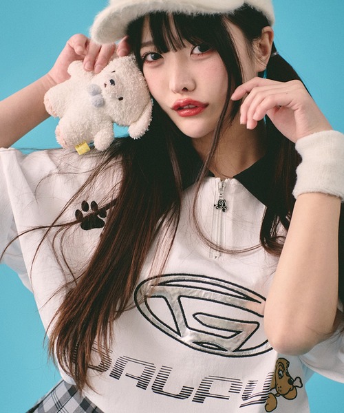 ♛ GALFY/ガルフィー ロゴビッグジップポロ ホワイト ♛ ♛ GALFY/ガルフィー ロゴビッグジップポロ ホワイト ♛ブラン