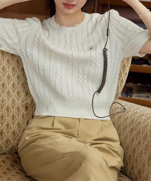 leune（ルネ）の「半袖ケーブルニット/胸刺繍半袖ニットプルオーバー