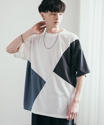 接触冷感 ジオメトリック/異素材ブロック切替ポンチTシャツ