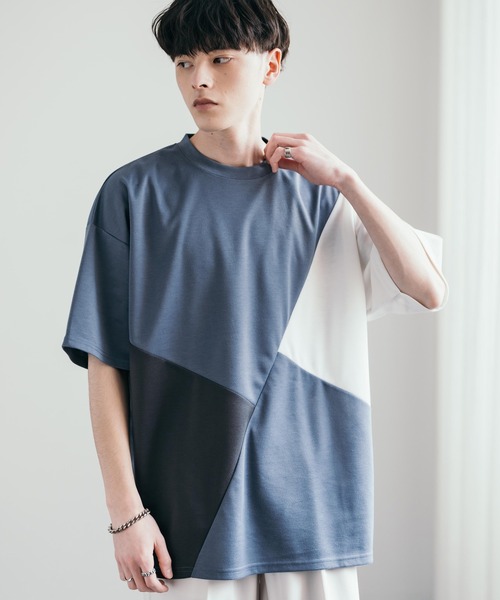 Rocky Monroe(ロッキーモンロー)の「接触冷感 ジオメトリック/異素材ブロック切替ポンチTシャツ(Tシャツ/カットソー・メンズ・チャコール/ブルー系/ホワイト系/ブルー/オフホワイト/チャコールグレー・M/L)」の6枚目の写真