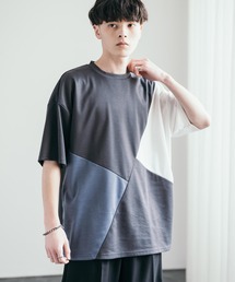 接触冷感 ジオメトリック/異素材ブロック切替ポンチTシャツ