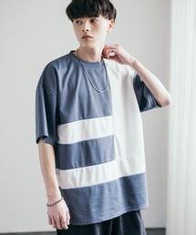 接触冷感 ジオメトリック/異素材ブロック切替ポンチTシャツ