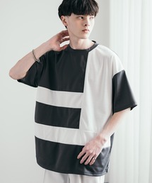 接触冷感 ジオメトリック/異素材ブロック切替ポンチTシャツ