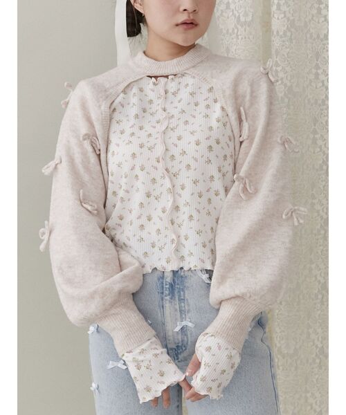 merry jenny（メリージェニー）の「ニットリボンスリーブ（カーディガン/ボレロ・レディース・ピンク/グレー/オフホワイト・FREE）」の3枚目の写真