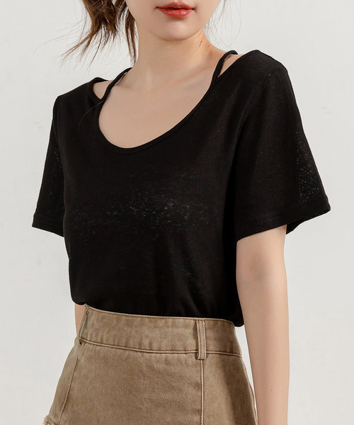 DAY CLOSET（デイ クローゼット）の「レディース ヘルシーネックストラップシアーTシャツ（Tシャツ/カットソー・レディース・ブラック/ホワイト・L/M）」の2枚目の写真