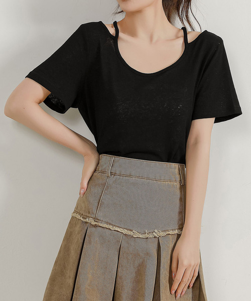 DAY CLOSET（デイ クローゼット）の「レディース ヘルシーネックストラップシアーTシャツ（Tシャツ/カットソー・レディース・ブラック/ホワイト・L/M）」の9枚目の写真