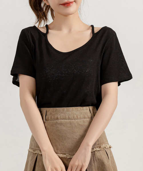 DAY CLOSET（デイ クローゼット）の「レディース ヘルシーネックストラップシアーTシャツ（Tシャツ/カットソー・レディース・ブラック/ホワイト・L/M）」の7枚目の写真
