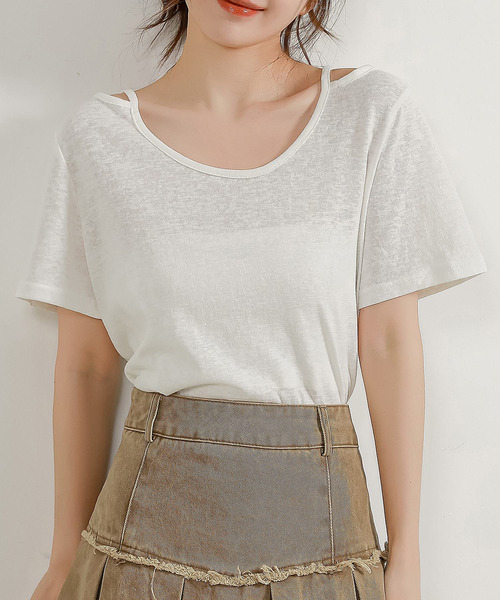 DAY CLOSET（デイ クローゼット）の「レディース ヘルシーネックストラップシアーTシャツ（Tシャツ/カットソー・レディース・ブラック/ホワイト・L/M）」の13枚目の写真