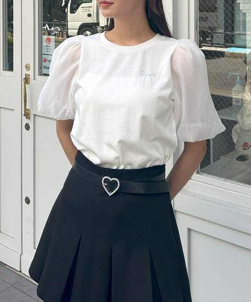 INGNI（イング）の「袖異素材胸リボントップス（Tシャツ/カットソー・レディース・オフホワイト/ブラック/ライトブルー・M）」の4枚目の写真