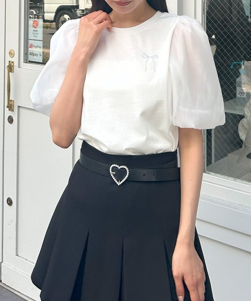 INGNI（イング）の「袖異素材胸リボントップス（Tシャツ/カットソー・レディース・オフホワイト/ブラック/ライトブルー・M）」の5枚目の写真