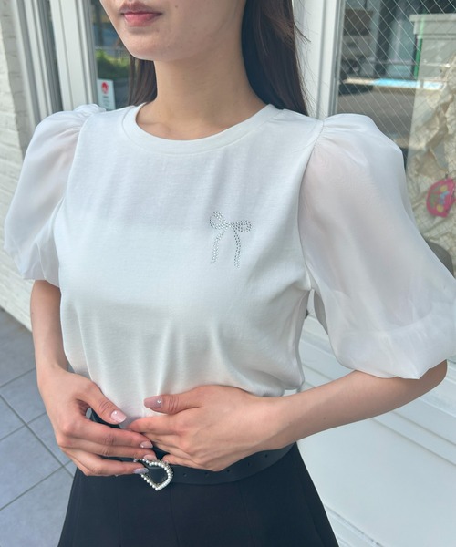 INGNI（イング）の「袖異素材胸リボントップス（Tシャツ/カットソー・レディース・オフホワイト/ブラック/ライトブルー・M）」の11枚目の写真