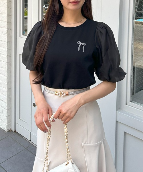 INGNI（イング）の「袖異素材胸リボントップス（Tシャツ/カットソー・レディース・オフホワイト/ブラック/ライトブルー・M）」の12枚目の写真