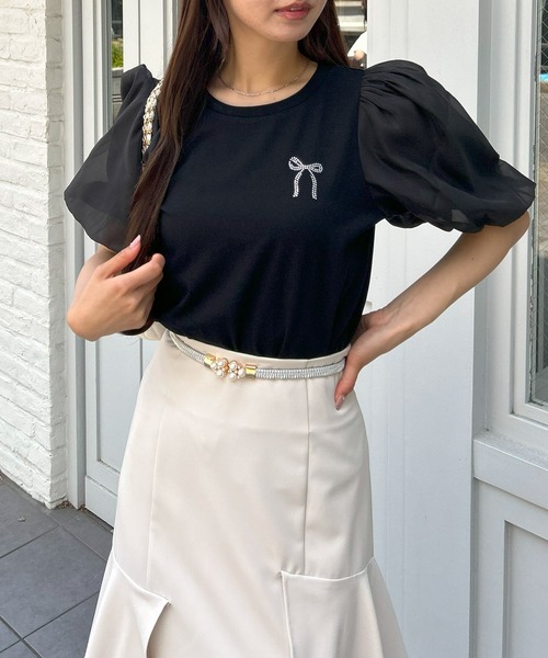 INGNI（イング）の「袖異素材胸リボントップス（Tシャツ/カットソー・レディース・オフホワイト/ブラック/ライトブルー・M）」の13枚目の写真