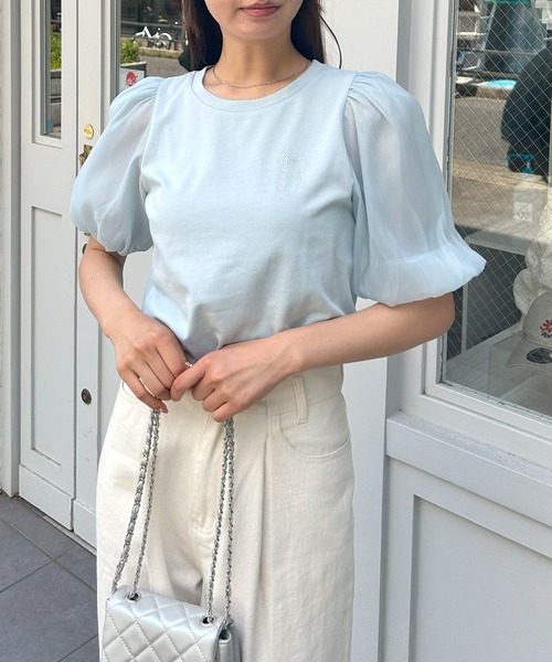 INGNI（イング）の「袖異素材胸リボントップス（Tシャツ/カットソー・レディース・オフホワイト/ブラック/ライトブルー・M）」の20枚目の写真