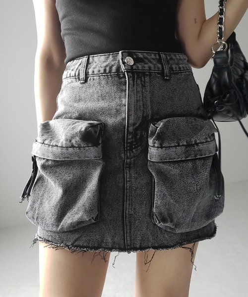 ※※【 ３size 】ダブルポケットカーゴデニムミニスカート ／double pocket cargo denim mini skirt（デニムスカート）｜me+em select（ミームセレクト）