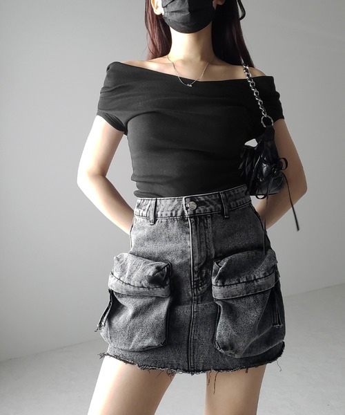 ※※【 ３size 】ダブルポケットカーゴデニムミニスカート ／double pocket cargo denim mini skirt（デニムスカート）｜me+em select（ミームセレクト）