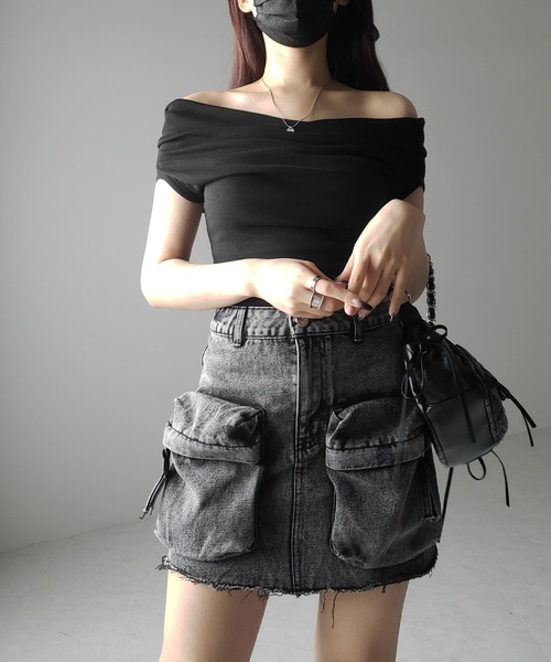 ※※【 ３size 】ダブルポケットカーゴデニムミニスカート ／double pocket cargo denim mini skirt（デニムスカート）｜me+em select（ミームセレクト）