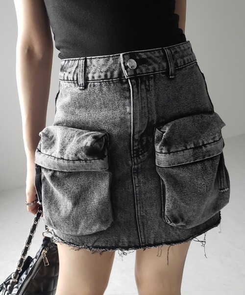 ※※【 ３size 】ダブルポケットカーゴデニムミニスカート ／double pocket cargo denim mini skirt（デニムスカート）｜me+em select（ミームセレクト）