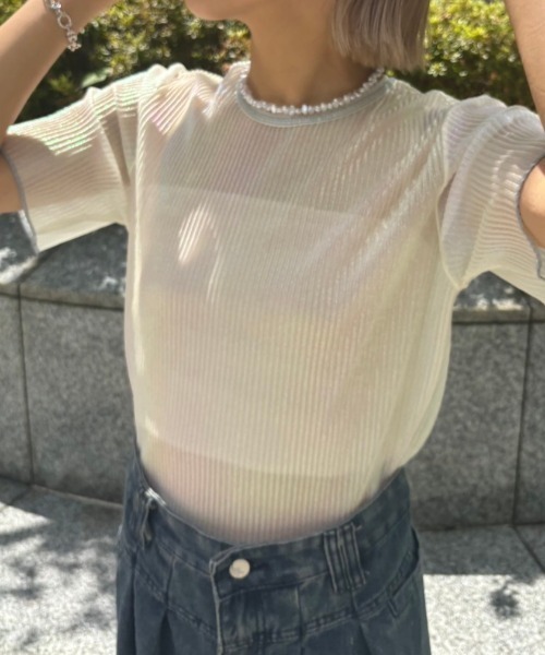 Unitage（ユニテージ）の「オーロラミニプリーツシアーTOPS（Tシャツ/カットソー・レディース・ライトブルー/ホワイト/ピンク・FREE）」の8枚目の写真