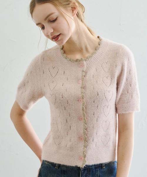 idem(イデム)の「lovely heart knit cardigan/ハート柄サマーニットカーディガン(カーディガン/ボレロ・レディース・グレー/ピンク・FREE)」の2枚目の写真