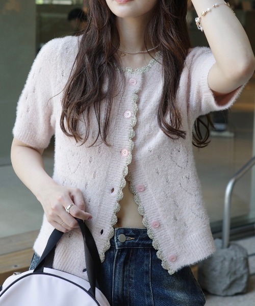 idem(イデム)の「lovely heart knit cardigan/ハート柄サマーニットカーディガン(カーディガン/ボレロ・レディース・グレー/ピンク・FREE)」の14枚目の写真